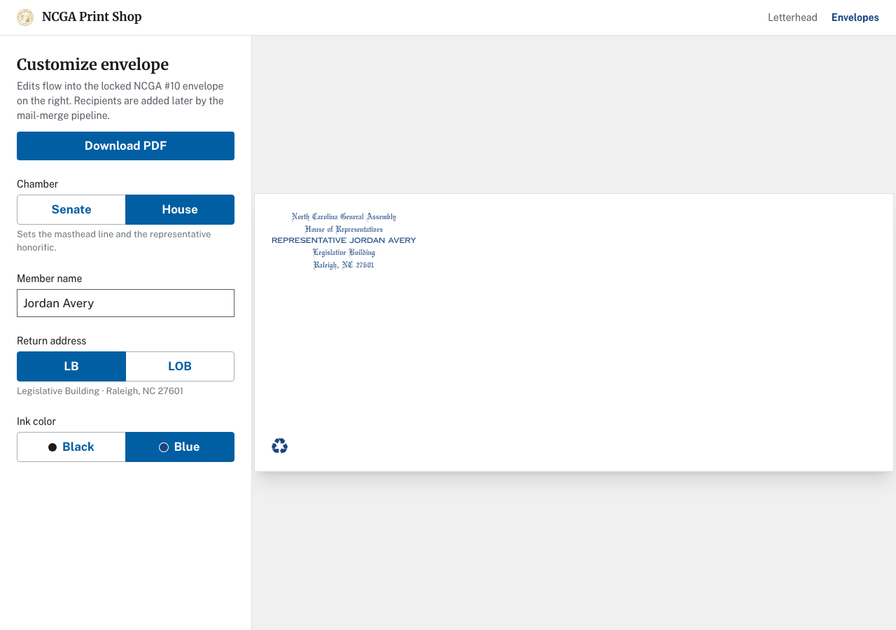 Envelope editor with building picker and print-accurate envelope preview.