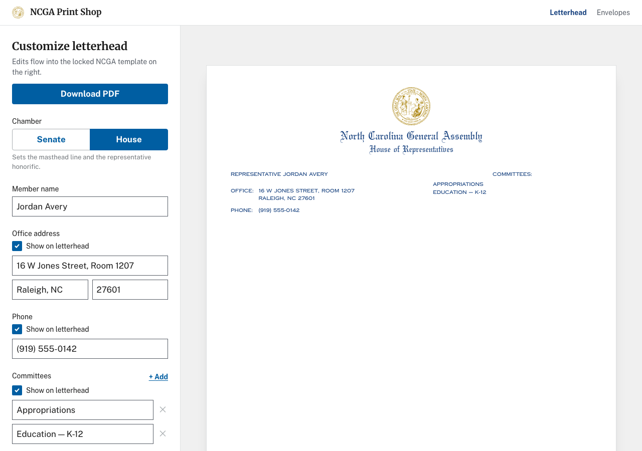 NCGA letterhead editor with a form sidebar and print-accurate preview of legislator stationery.