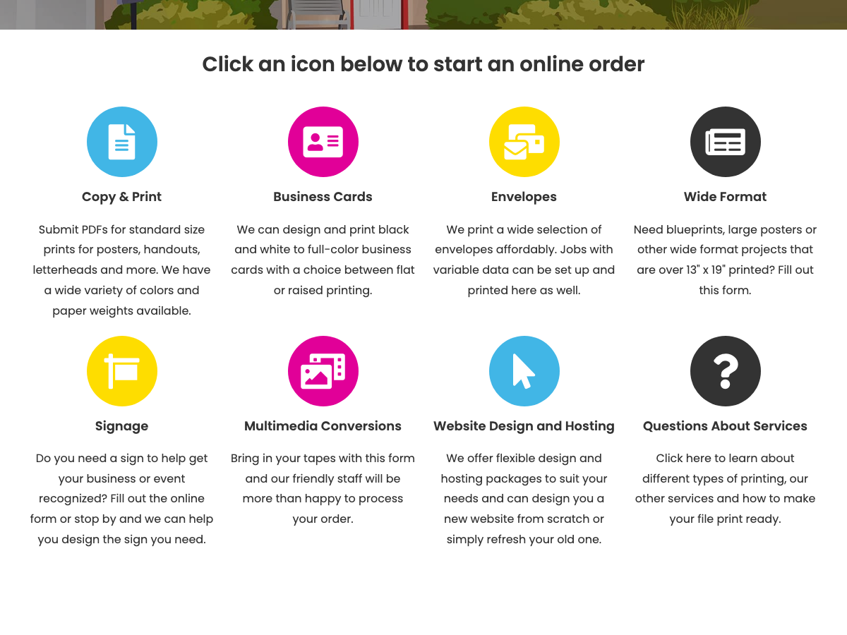 Creative Printing order-entry grid with eight service categories for online requests.